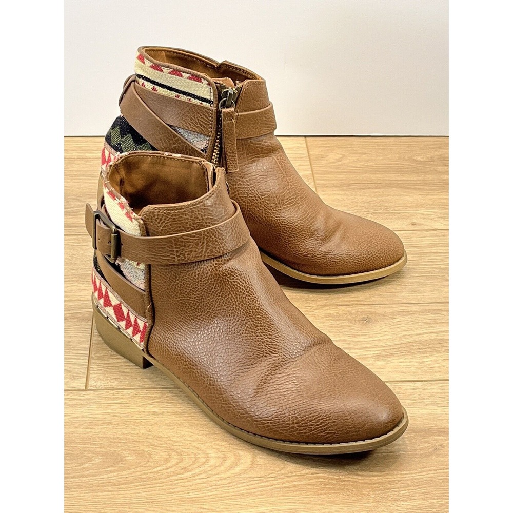 Divided H&M Aztec Ankle Boots Size 7 Brown Faux Leather Buckle Accent